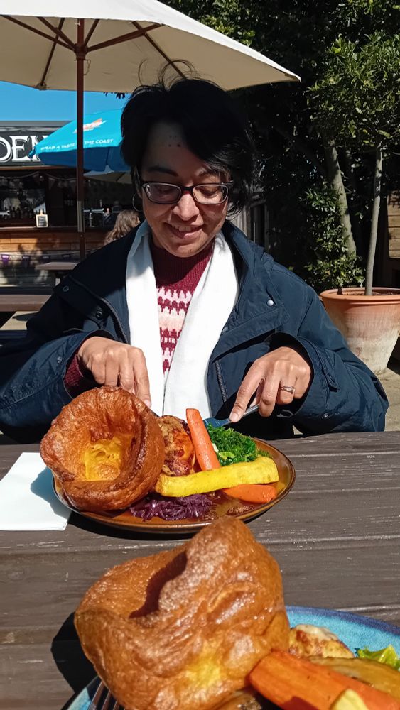 I am tucking into the roast. The plate is bigger than my head. 