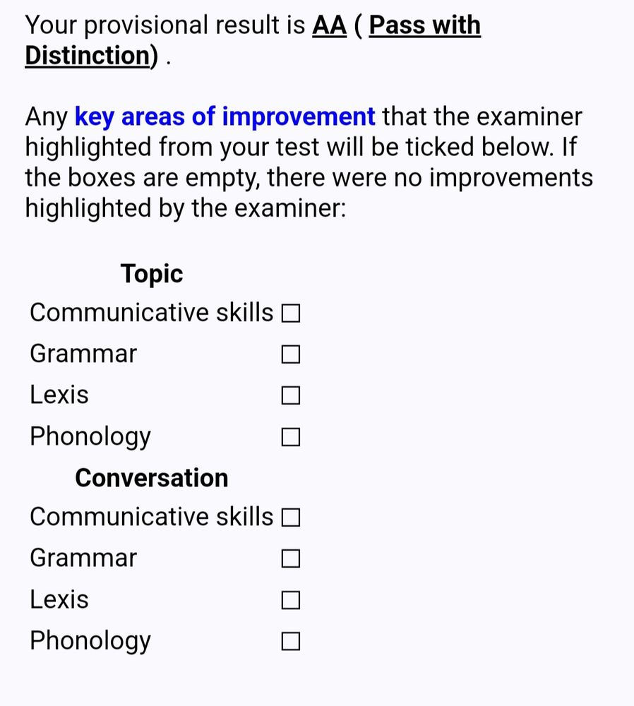 Screenshot of test results: Pass with distinction, no areas of improvement noted.