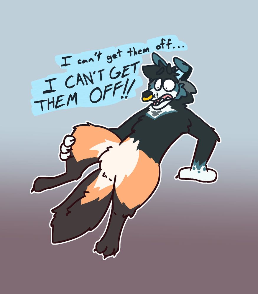Rui now transforming into a fox after trying on the socks, his body already transformed from the waist down while he panics.

"I can't get them off... I CAN'T GET THEM OFF!!"