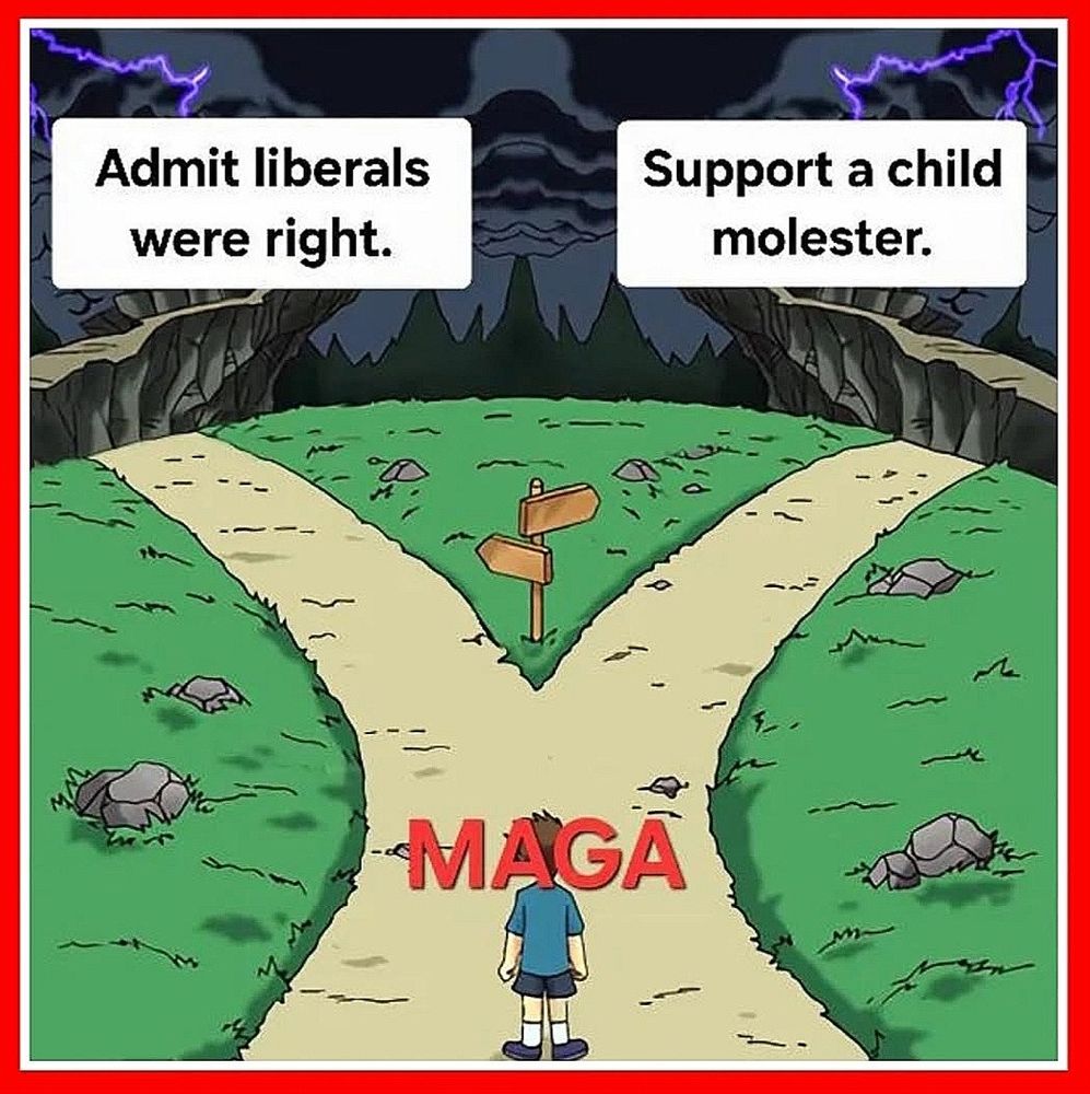 A red hatted dunderhead struggles to choose between saying liberals were right  that Trump is a monster or continue to support a child molestor.
