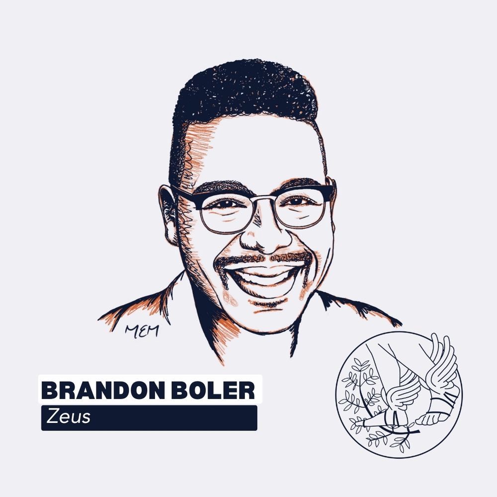 Hand drawn portrait of the actor Brandon Boler, who plays Zeus.