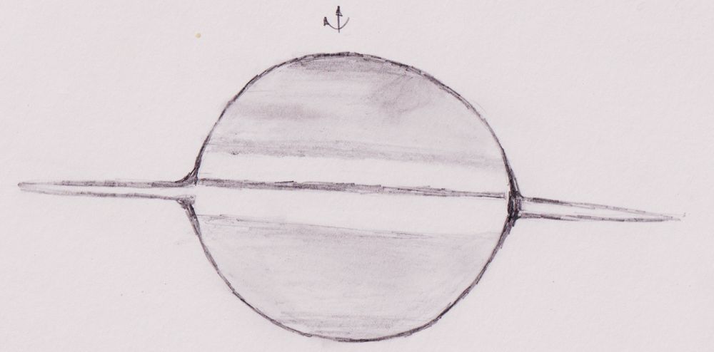 Bleistiftskizze der Teleskopansicht des Saturn in Ringkantenstellung