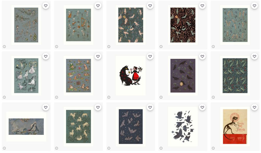 many tiny thumbnails of fairy-tale and fairy-tale-gothic prints, and one piece of Jurassic Park fan art