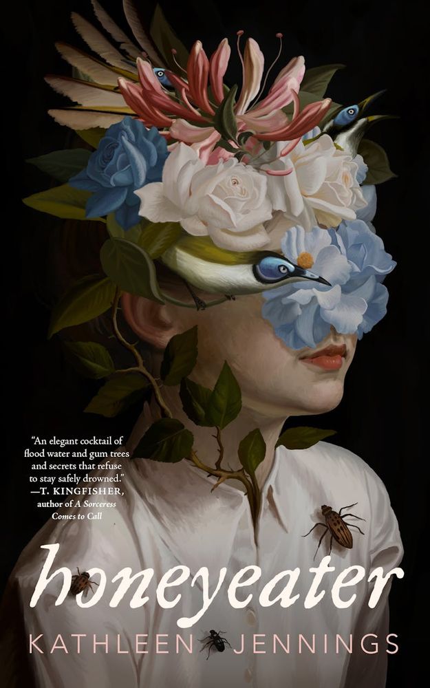 Honeyeater by Kathleen Jennings
Unsettling baroque image of a person in a white shirt, head obscured by birds and flowers 
Art by Lindsey Carr, design by Christine Foltzer, edited by Ellen Datlow