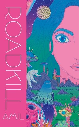 Psychedelic sci-fi book cover. A giant bright pink face with long blue-green ombre hair stares out over an alien landscape with brightly coloured mushroom-like plants. Also there is a weird chubby faceless grey body floating about. 