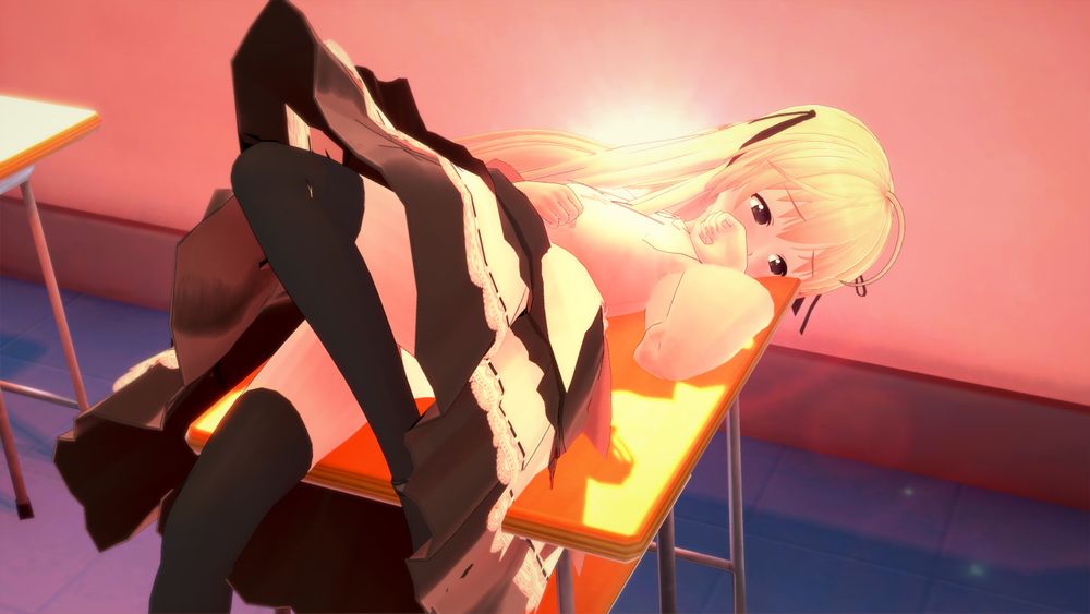 Sora Kasugano blushing while laying on a desk.