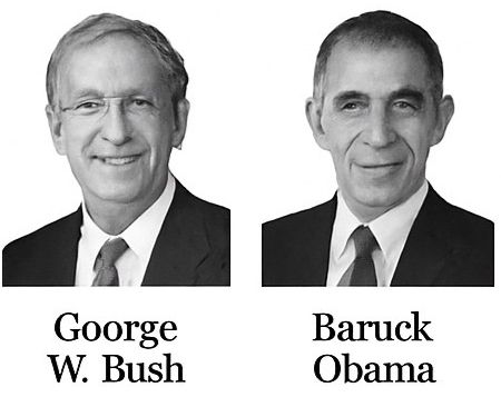 AI generated images of two people who look nothing like George W. Bush or Barack Obama, labelled "Goorge W. Bush" and "Baruck Obama"