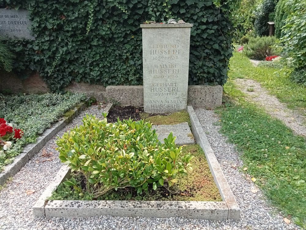a grave with a grey rectangular headstone on a plot with a green bush growing nearby:
Edmund Husserl 1859–1938
Malvine Husserl 1860–1950
Gerhart Husserl 1893–1973
Anna Maria Husserl 1919–1999
Wolfgang Husserl 1895–1916
