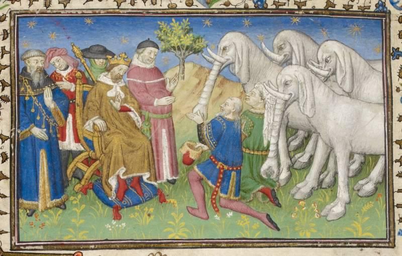 Medieval painting of a man presenting a royal procession with four elephants. the elephants look like labradors with tusks and trunks