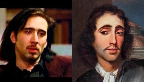 left: Nicolas Cage with long black hair and a moustache in a black top
right: Spinoza with long black hair and a moustache in a black top
