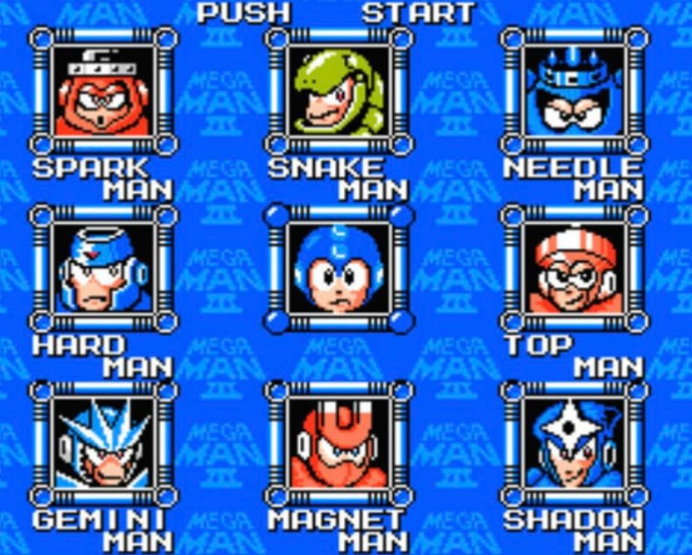 the stage select screen from Mega Man 3 with spark man, snake man, needle man, hard man, top man, gemini man, magnet man, and shadow man