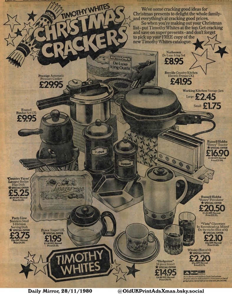 This is a black and white newspaper advertisement for various kitchenware and homeware items. It features products such as an electric frypan, pressure cooker, toaster, teapot, glassware, and storage jars, all offered as Christmas presents at special offer prices.

CHRISTMAS CRACKERS

We've some cracking good ideas for
Christmas presents to delight the whole family-
and everything's at cracking good prices.
So when you're making out your Christmas
list-put Timothy Whites at the top. Get cracking
and save on super presents-and don't forget
to pick up your FREE copy of the
new Timothy Whites catalogue.
Access, Barclaycard and Boots Credit Card welcome.
All goods subject to stock availability. Prices correct at time of
going to press. Special Offer prices valid until Jan. 3rd 1981.