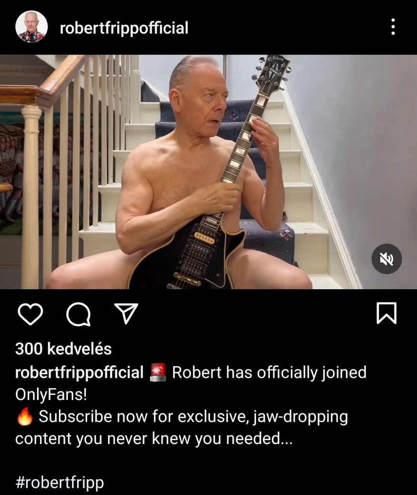 robert fripp from king crimson, naked except for a guitar in front of his cock, announcing his only fans