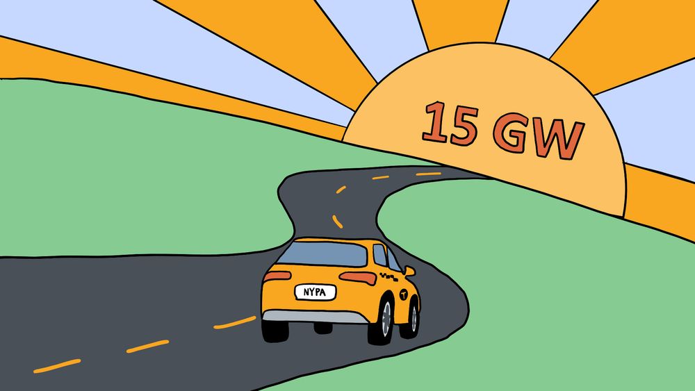 A taxi on a winding road with a huge sun setting on the horizon. The sun has 