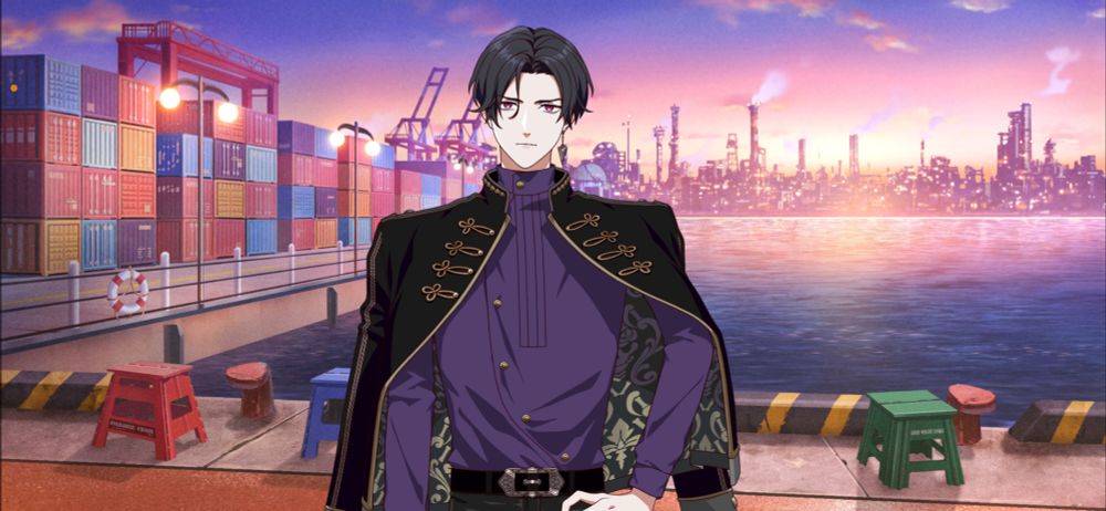 ゲーム『ライドカメンズ』のスクリーンショット。夕方の埠頭の背景と神威為士のイラスト。