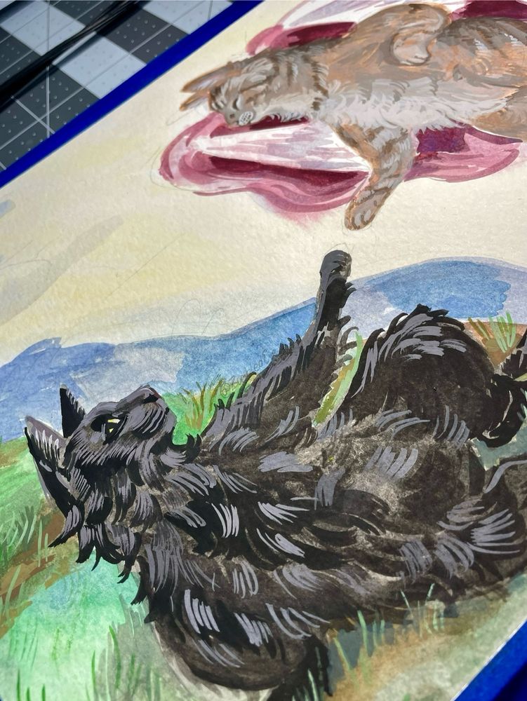 Gouache painting in progress of two cats referencing the creation of man painting 