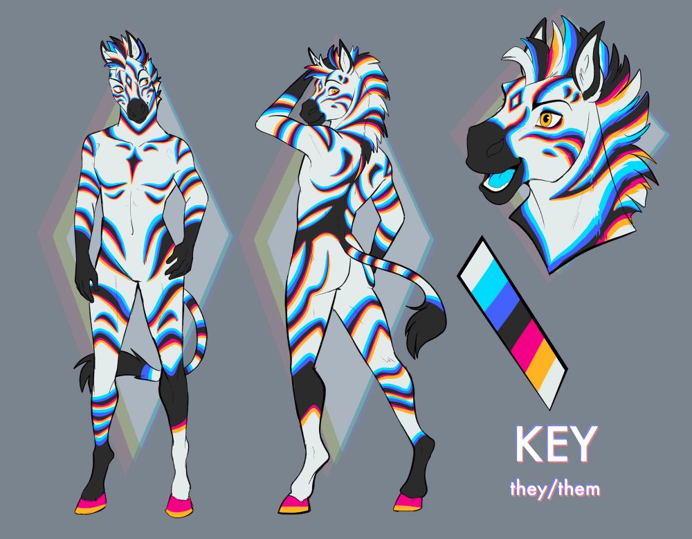 Ref sheet of an anthropomorphic zebra with chromatic aberration effects on their stripes. Their name is listed as Key with they them pronouns