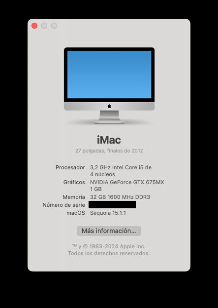 Ventana de información de sistema de Mac OS, que muestra un iMac de 2012 con el sistema Sequoia instalado.