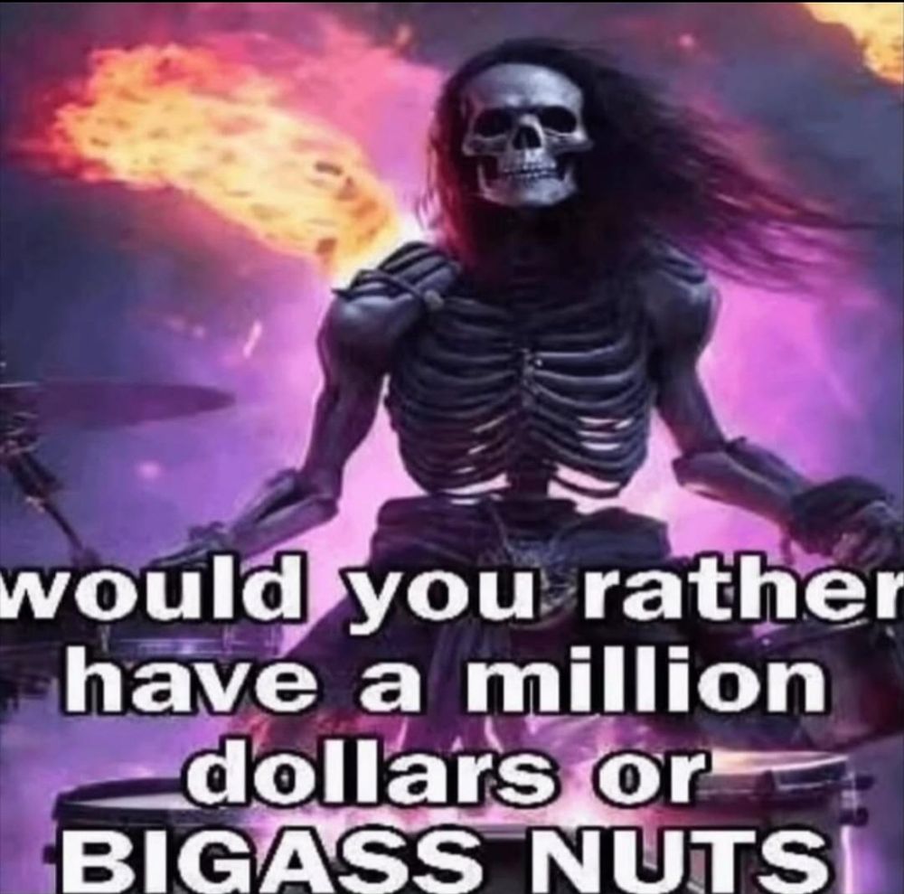 Skeleton drummer with the caption: would you rather have a million dollars or
BIGASS NUTS