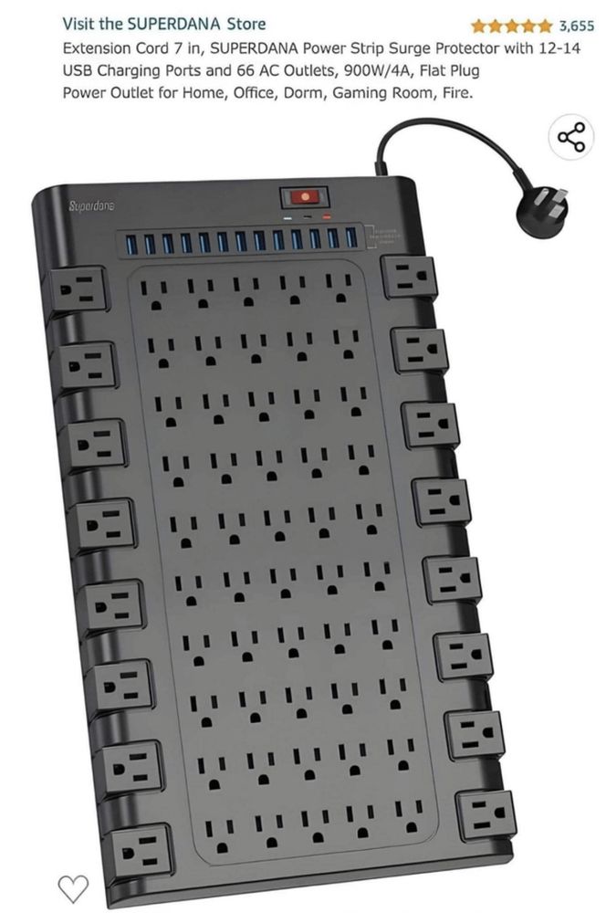 Visit the SUPERDANA Store
3,655
Extension Cord 7 in, SUPERDANA Power Strip Surge Protector with 12-14
USB Charging Ports and 66 AC Outlets, 900W/4A, Flat Plug Power Outlet for Home, Office, Dorm, Gaming Room, Fire.