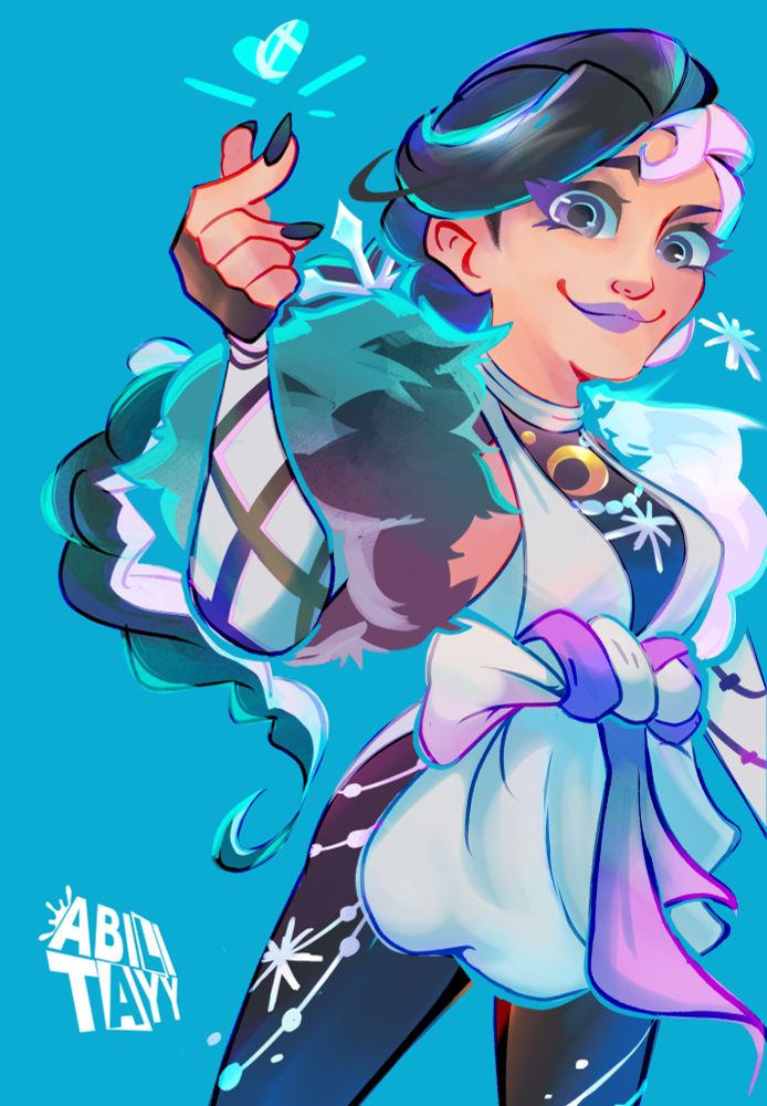 [Marvel rivals] fanart of luna snow in her hellfire gala outfit against a solid blue background.  She makes a heart gesture with her finger and thumb. 