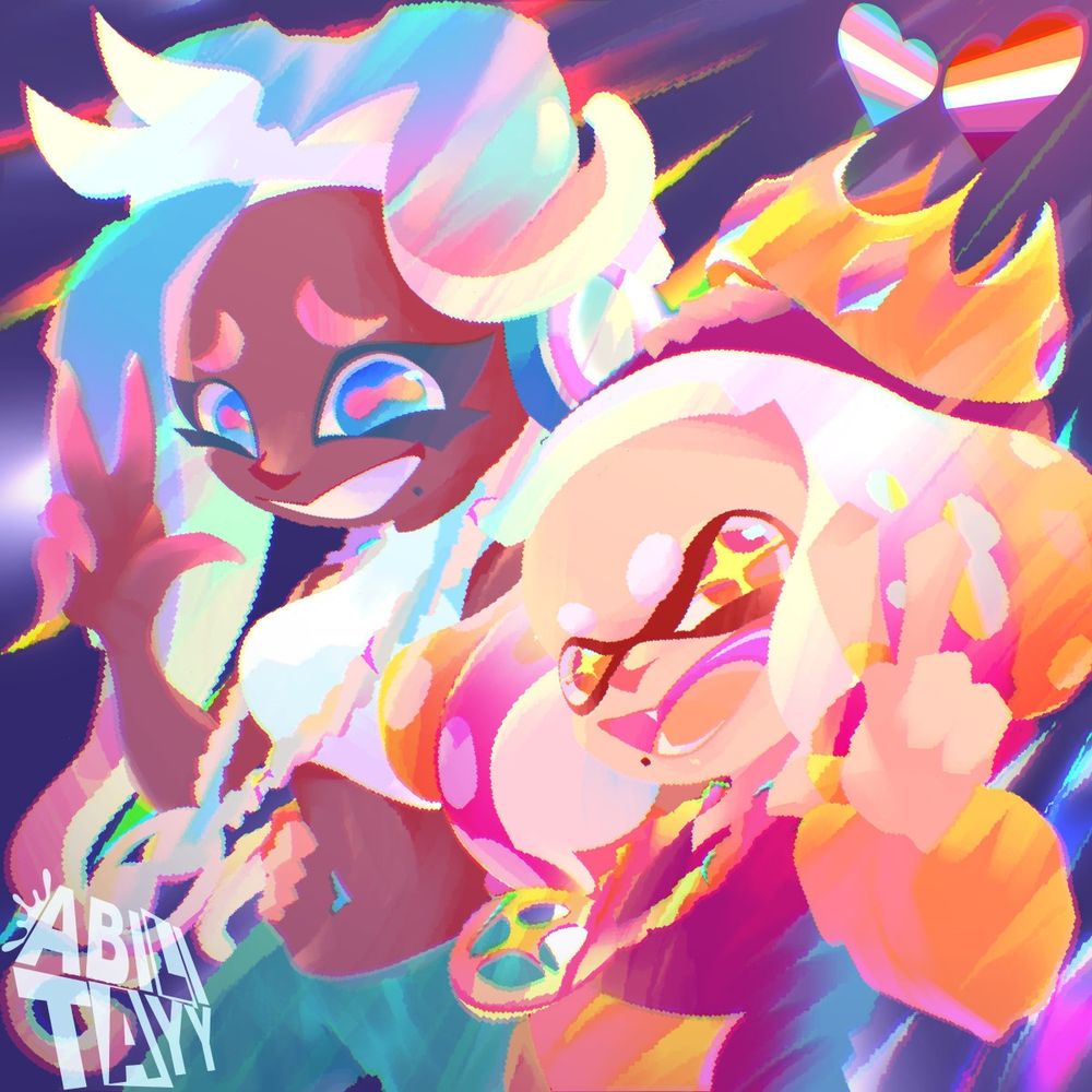 Pearl and Marina of Off The Hook from Splatoon posing together. Marina is wearing the trans colours while pearl wears the lesbian colours