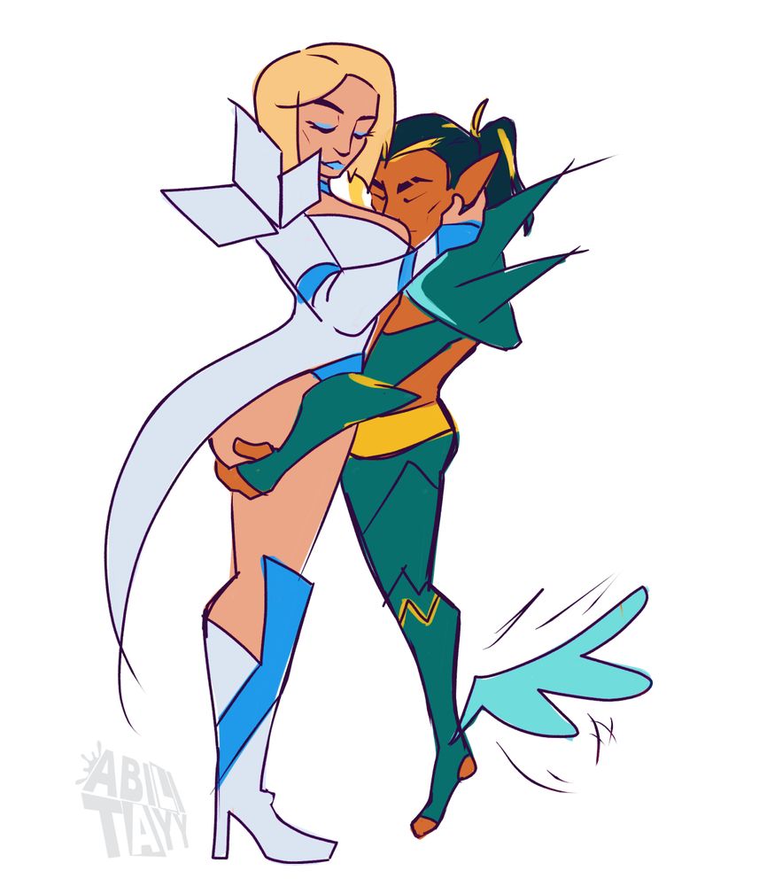 namor and emma frost hugging. namor is grabbing emma's butt and resting his head in her breasts. hes using his ankle wings to fly just above the ground to reach her