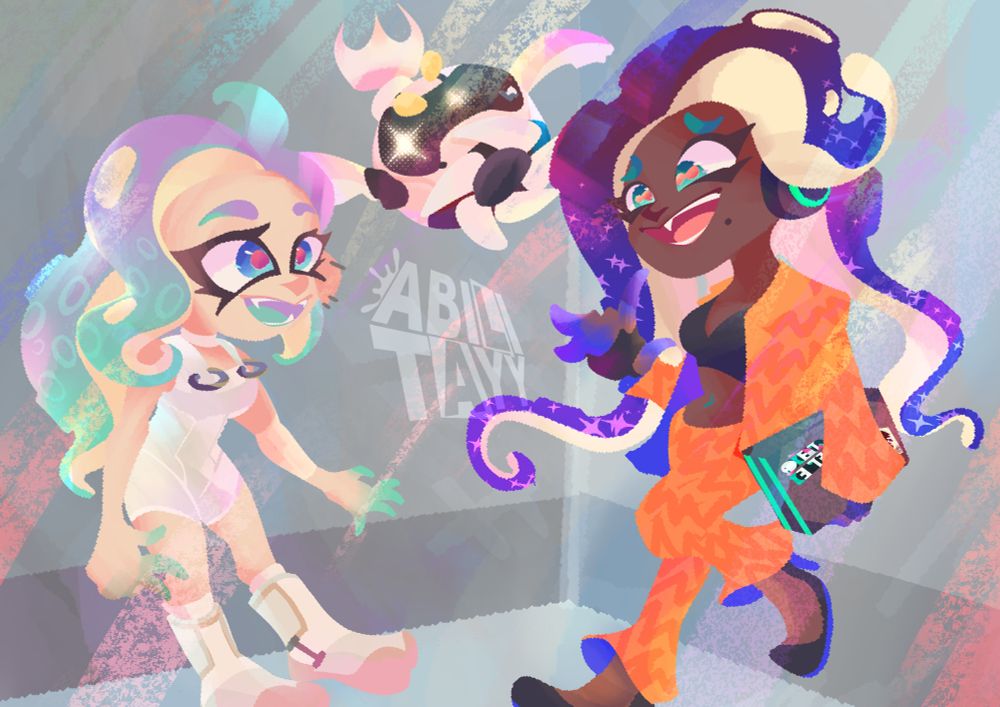 [splatoon] marina, pearl drone, and an agent 8 oc chatting in the side order elevator. eight has long purple-green tentacles.
