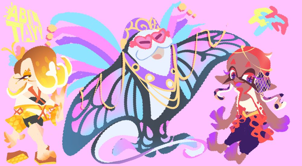 fan-made designs of deep cut springfest designs. shiver wears a bee-themed getup, while frye wears a ladybird-themed outfit. both are fashioned after festival wear from japan and india respectively. big man wears pink heart-shaped sunglasses and is adorned with feathers and gold. his fins resemble a butterfly.
