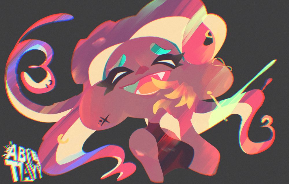 [splatoon] a bust-up drawing of marina laughing. her tentacles are pink and wavy, while her fingertips are golden. she wears plenty of golden piercings on her ear and hair, and a single black piercing on the other ear. shes wearing a sleeveless black shirt
