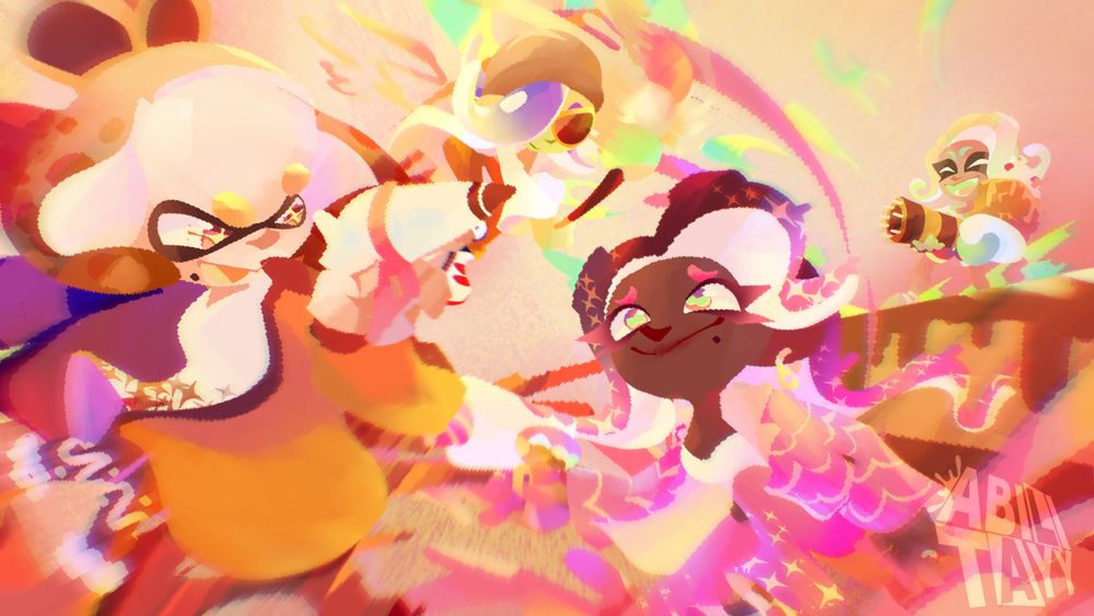 [splatoon] pearl, marina, acht, and eight in a confectionary themed battle surrounded by cakes. marina is wearing a pink version of her suit.