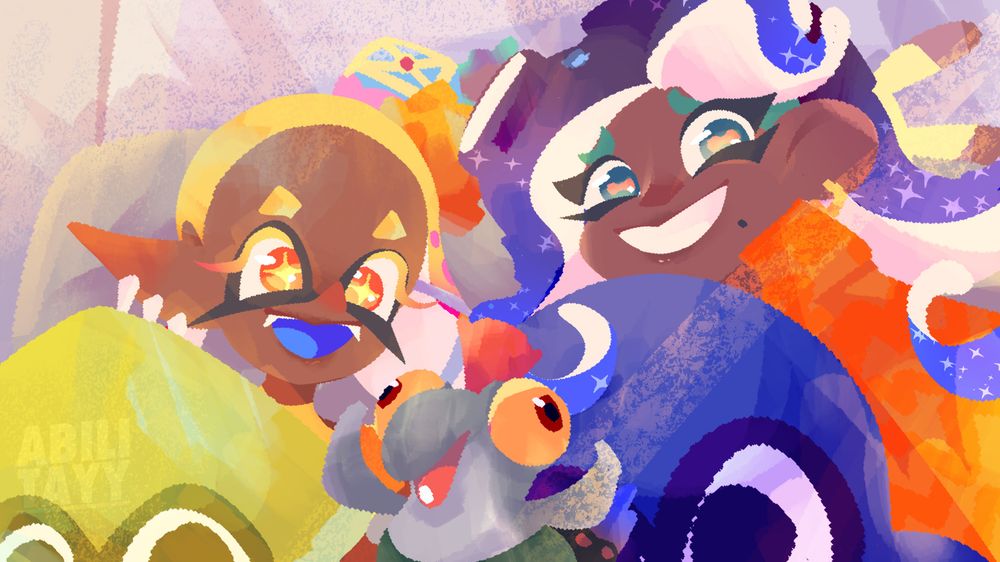 [splatoon] marina and frye taking a selfie with two large squid and octopus plushes, with smallfry in front. a redraw of a selfie their voice actors posted.