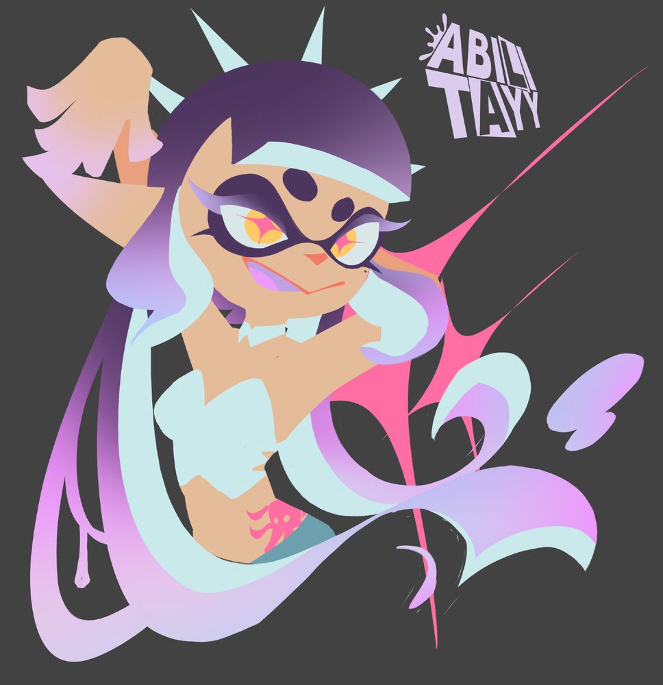 doodle of callie from splatoon in a white crop top. she has her summer nights hair, her grand festival headpiece, and her tattoo from splatoon 2's final boss fight
#splatoon #art #callie