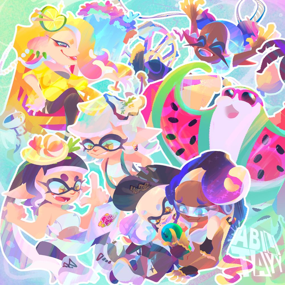 art from last year's summer nights splatfest featuring shiver, frye, big man, callie, marie, pearl, and marina in their summer nights outfits.
#splatoon #art #fanart #nintendo