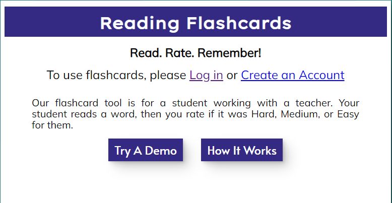 Screenshot of reading flash card page. If a user isn't log in, it prompt them to log in.