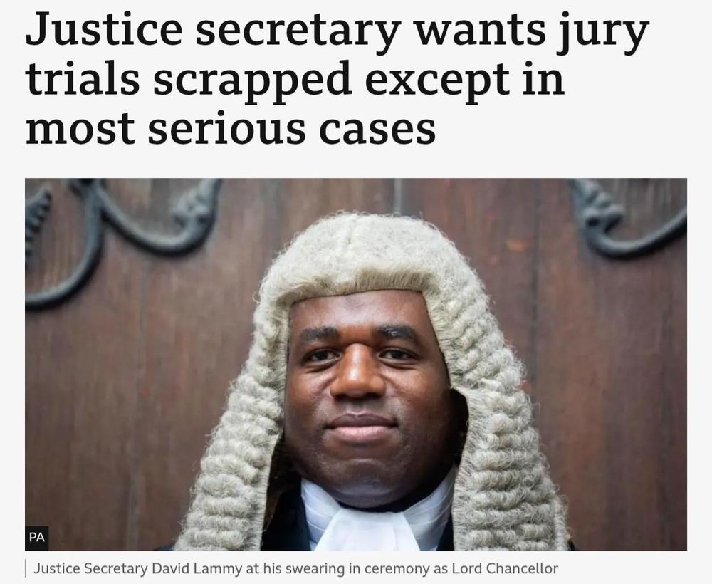 Headline from BBC News: "Justice secretary wants jury trials scrapped except in most serious cases"