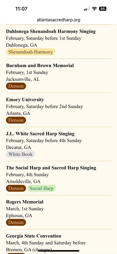 Screenshot of the Atlanta Sacred Harp annual singings page, including a list of annual singings with the date, town, and tunebooks for each event. 