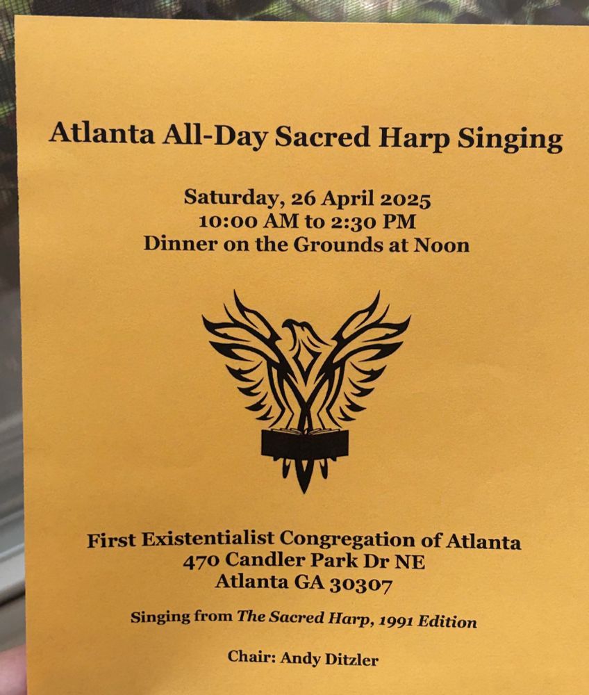 flyer for the Atlanta All-Day, april 26, 2025, at the First Existentialist Congregation in Atlanta, 10am start
