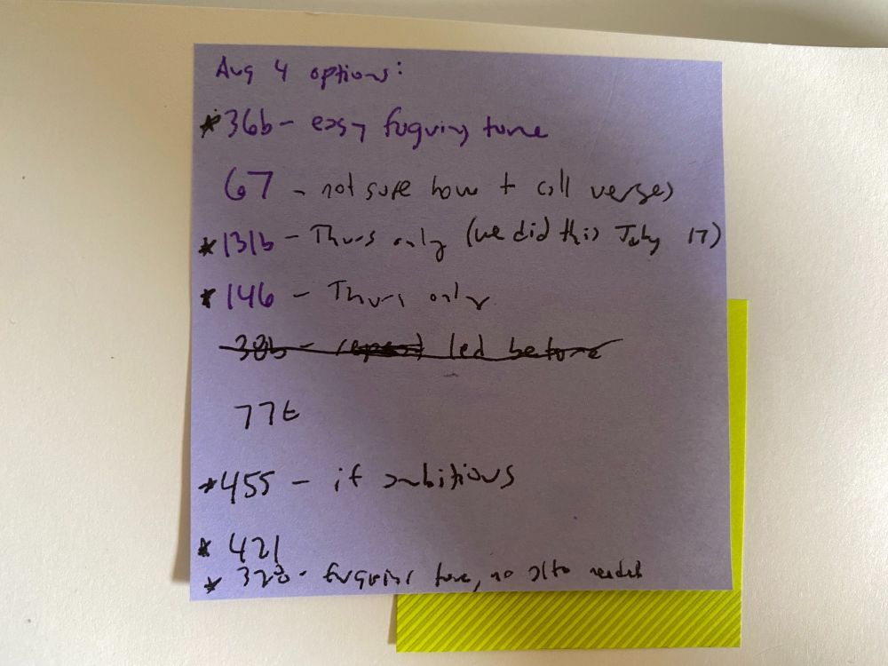 a sticky note with a number of page numbers and notes regarding tunes in the sacred harp #shapenote