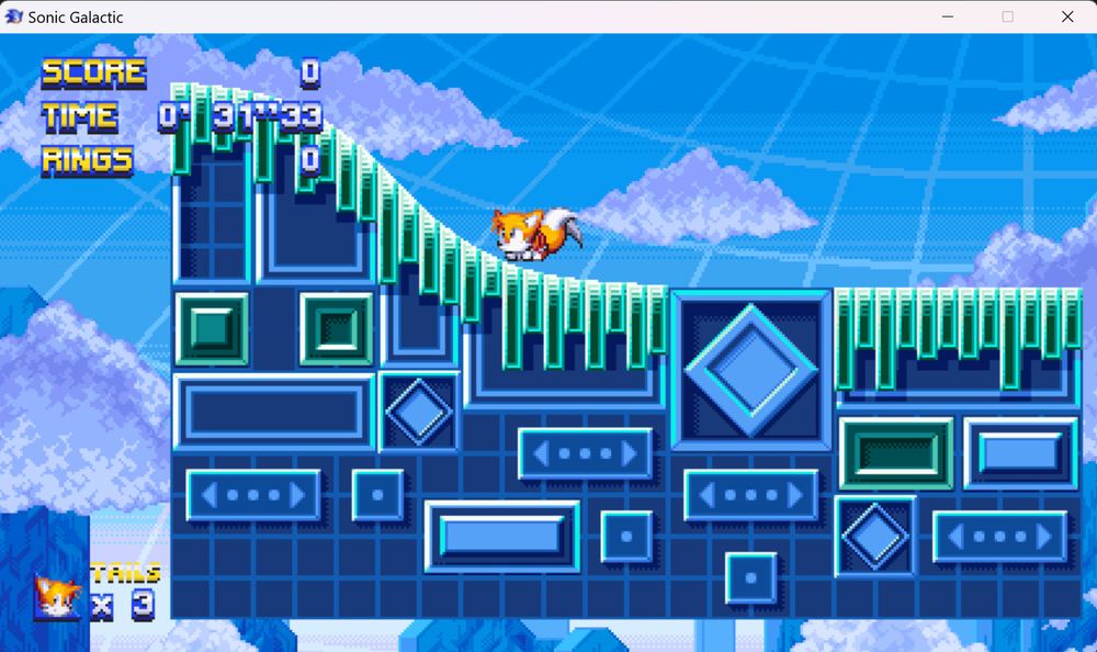 Tails standing on top of a floating chunk of land above the beginning of Sonic Galactic's Blueprint Tutorial Zone. He is ducking down and looking backward.