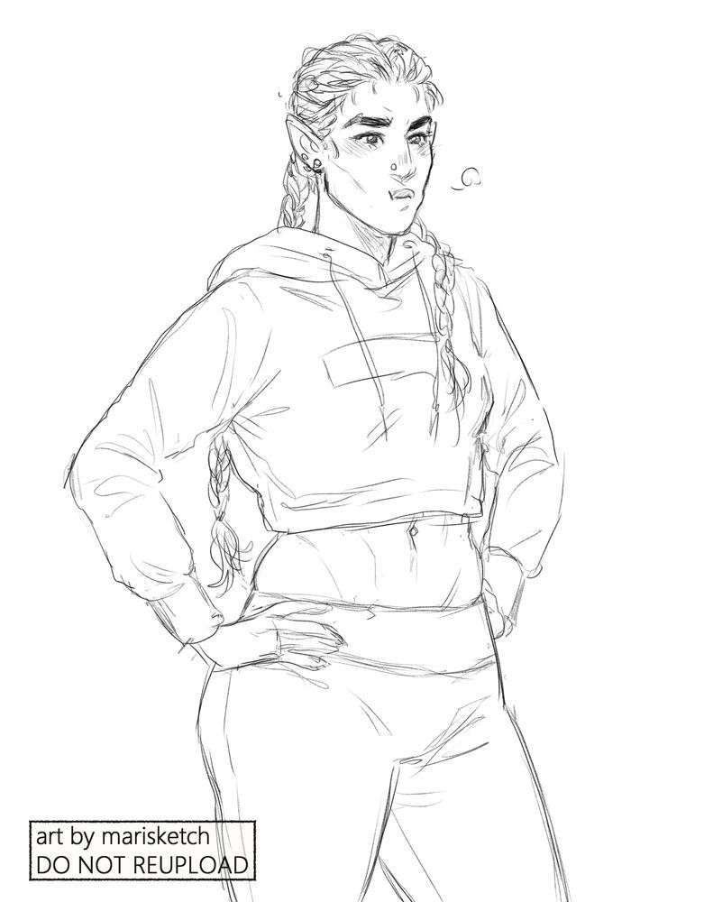 Sketch of the artist's original character Alma. She is wearing a cropped hoodie sweatshirt and sweatpants, and her hands are on her hips. Her long hair is tied back into two braided pigtails, and she is pouting. Her nose and navel are pierced once, while her visible ear has two piercings.