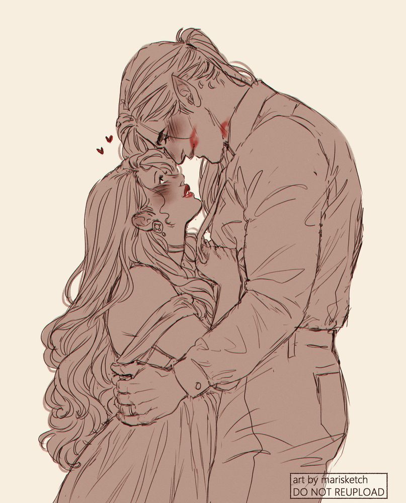 Sketch of the artist's original characters Ryou and Sabine. Sabine, on the left, is pressed against Ryou and looking up at him, her hands around his tie. Ryou meanwhile is bent to look down at Sabine, his hands around her waist, while lipstick marks decorate his face and neck.