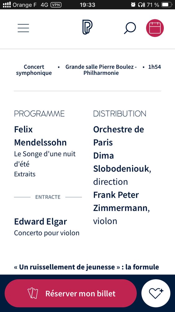 Programme du concert : Le Songe d’une nuit d’été de Mendelssohn, Concerto pour violon de Elgar. Orchestre de Paris, Slobodeniouk (direction), Zimmermann (violon)