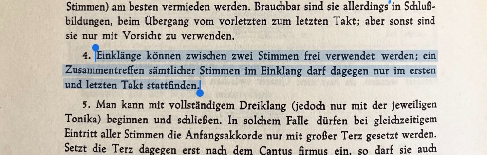 "Unisons can be freely used between two voices; however, a meeting of all voices in unison may only occur in the first and last measure."
