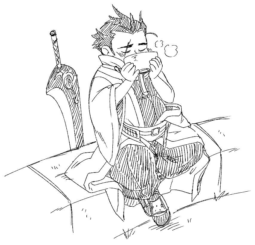 Auron as he appears in Kingdom Hearts II enjoying a bowl of soup. His belly is a bit bloated.