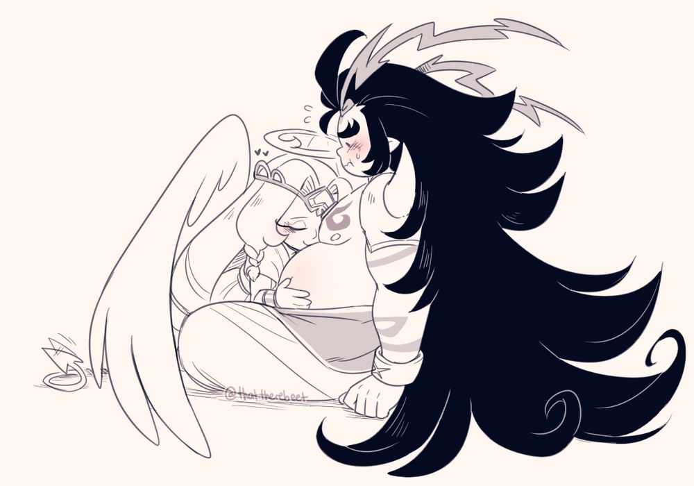Eternal Sugar Cookie and Burning Spice Cookie from Cookie Run Kingdom. Eternal Sugar is seen giving a kiss to Burning Spice's bloated belly, making him a little flustered.