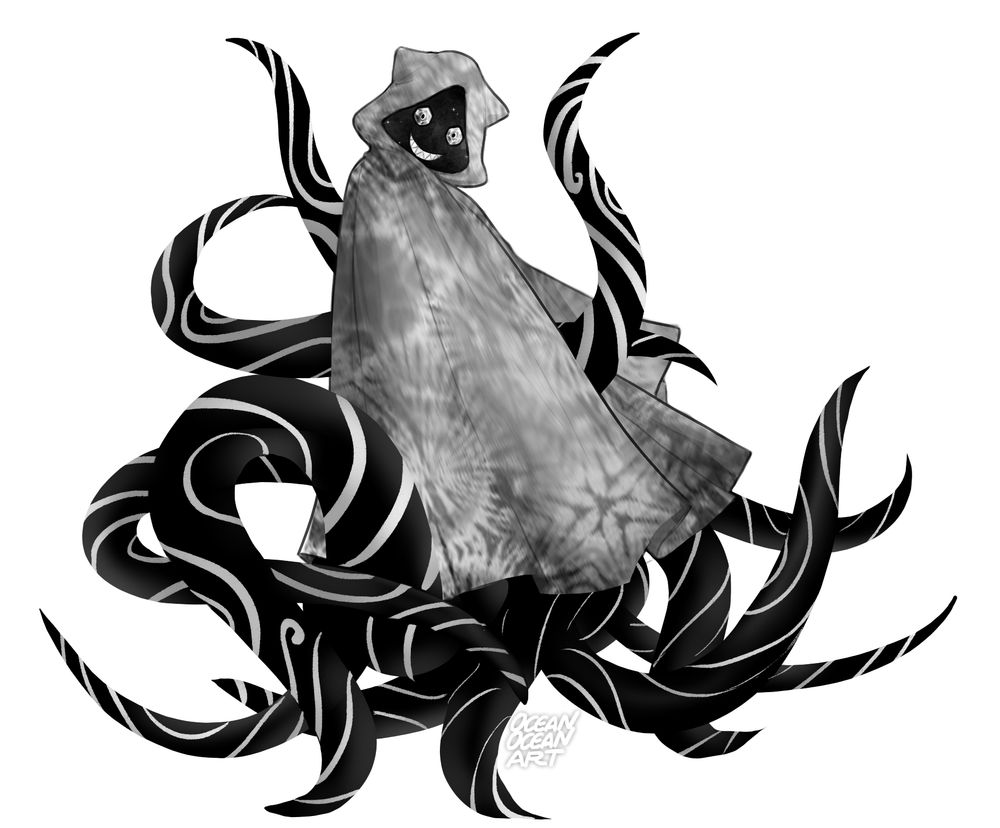 Drawing of a figure in tie-dye patterned cloak, with a grinning face peeking forth from the black galaxy pattern under its eared hood. Underneath the cloak are a swarming mass of tentacles, mostly black with some dizzying stripe patterns. The image is rendered in grayscale.