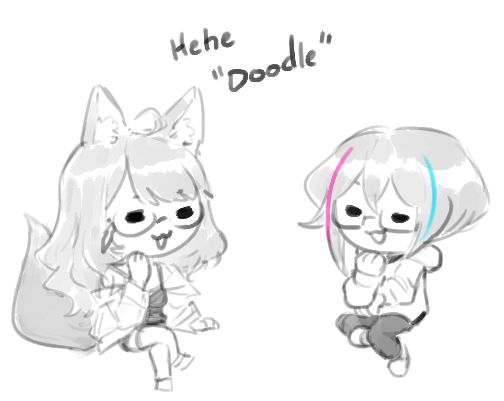 Drawing of A chibi SquishyRen and Ocean sitting and giggling to each other while saying "Hehe 'Doodle'"