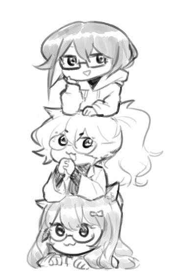 Drawing of three chibi characters of Ocean, Sync, and Ren stacked on top of each other like a totem pole