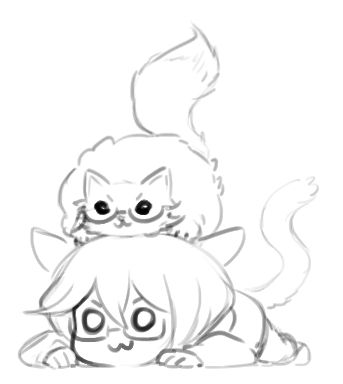 Drawing of Ocean crawling on the ground with imaginary cat ears and tail wiggling while a round, fluffy cat wearing glasses sits on top of their head, also wiggling its tail.